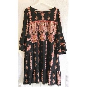 Lux II Black Patterned Dress with Ruffle Sleeves